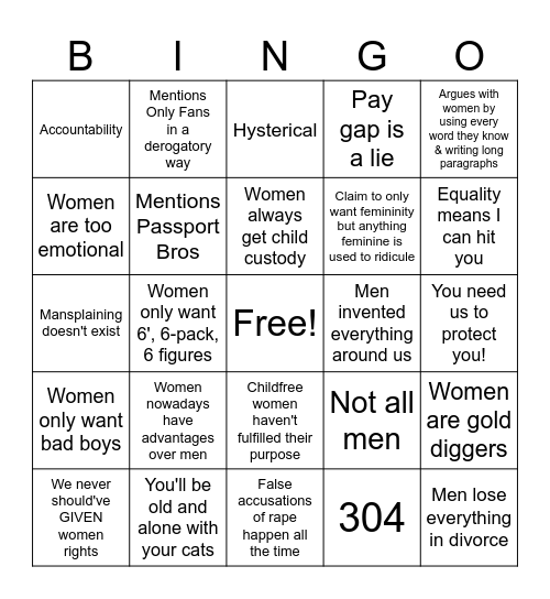 Misogyny Bingo Card