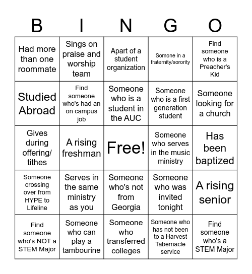 College Social Bingo Card