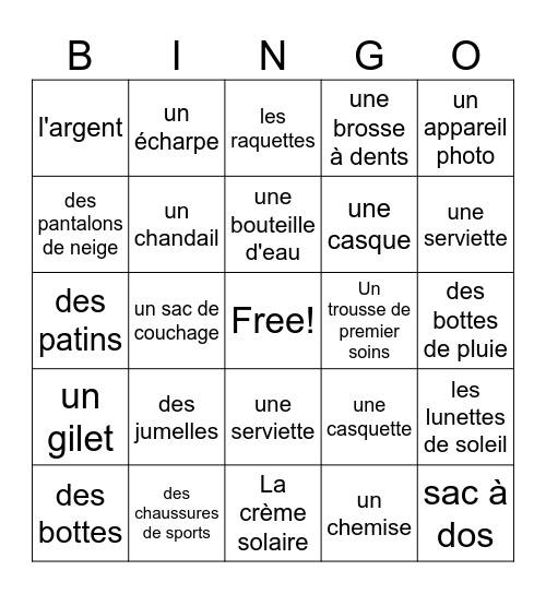 les objets dans ma valise Bingo Card