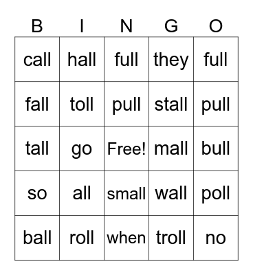 Lesson 43 -all, -oll, -ull Bingo Card