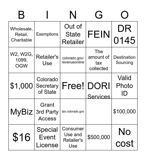 Major Tax Bingo Card