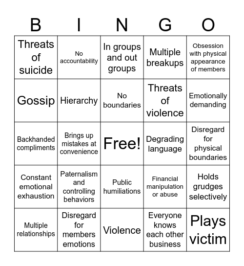 Toxic friendgroup bingo Card