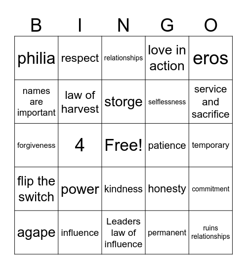 Servant Leadership Bingo Card