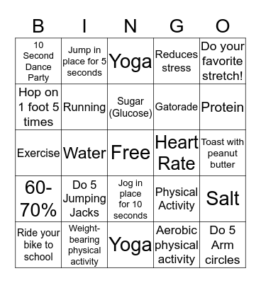 Physical Activity Bingo Card