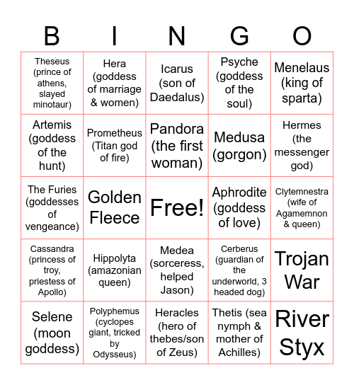 Greek Mythology Bingo Card