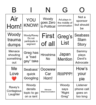 Woody Show Bingo Card