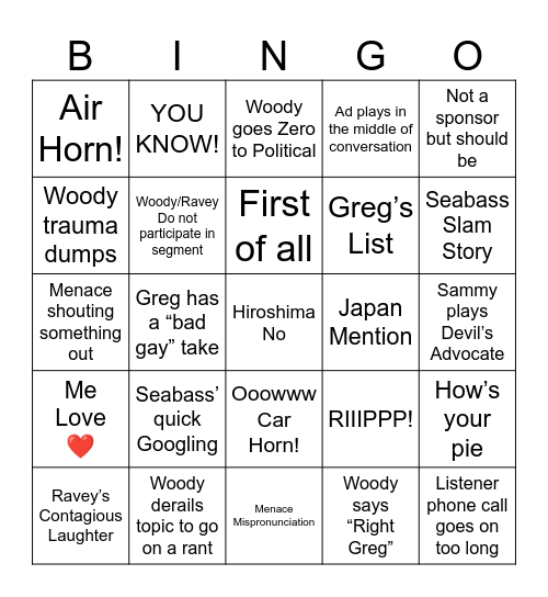 Woody Show Bingo Card