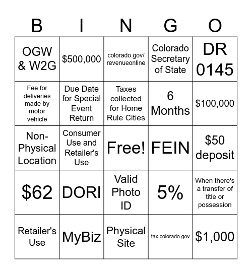 Major Tax Bingo Card