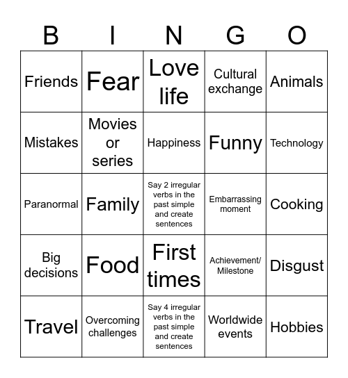 Past experiences Bingo Card