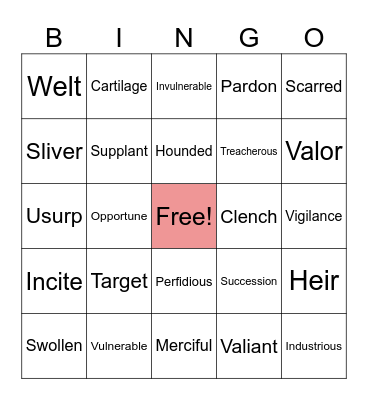 Vocabulary words Unit 5 Bingo Card