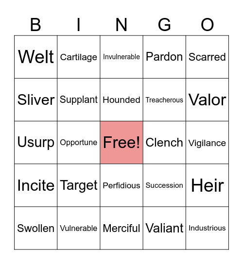 Vocabulary words Unit 5 Bingo Card