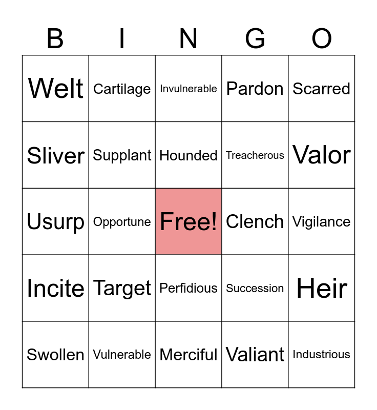 Vocabulary words Unit 5 Bingo Card