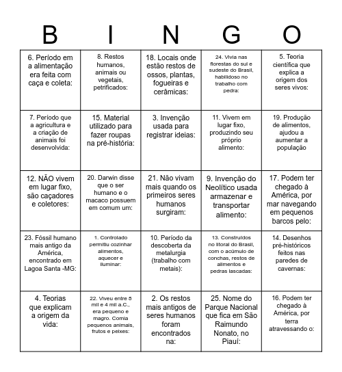 PRE-HISTÓRIA REVISÃO Bingo Card