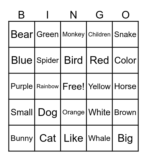 Animals & Colors Bingo Card