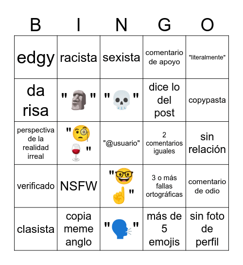 Comentarios de instagram Bingo Card