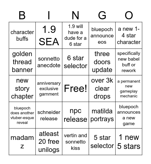 Reverse 1999 Anni Bingo Card