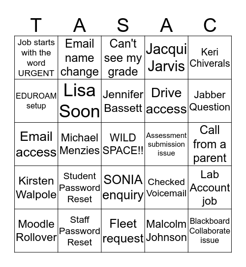 TASAC Bingo Card