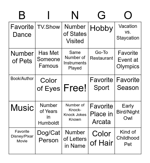 When you find someone you have something in common with, fill the corresponding square with that person's name. Feel free to get creative! BINGO = 1 Ticket. 2 BINGOs = 2 Tickets. Blackout = 3 Tickets. Bingo Card