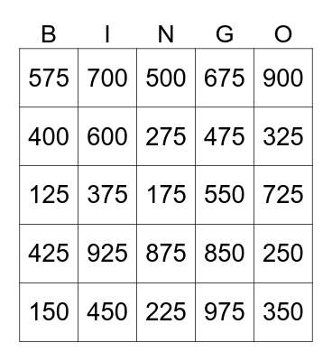 100 - 1000 Bingo Card