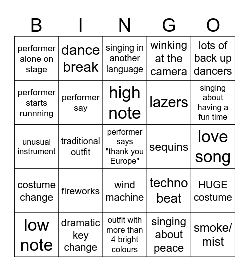 Eurovision Bingo Card