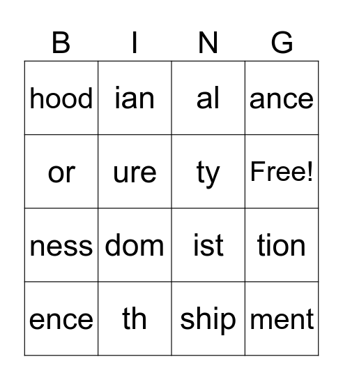 Word formation suffixes Bingo Card
