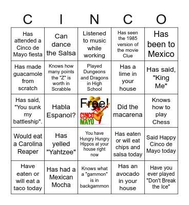 Sunday Funday Cinco de Mayo Family Game Extravaganza Bingo Card