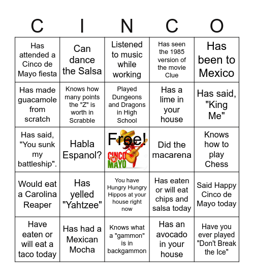 Sunday Funday Cinco de Mayo Family Game Extravaganza Bingo Card