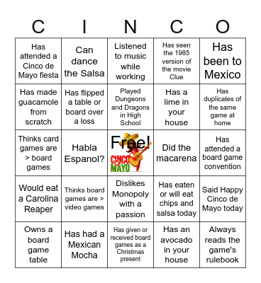 Sunday Funday Cinco de Mayo Family Game Extravaganza Bingo Card