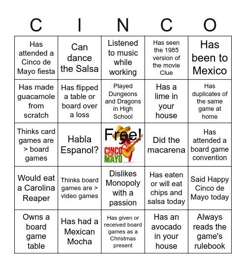 Sunday Funday Cinco de Mayo Family Game Extravaganza Bingo Card