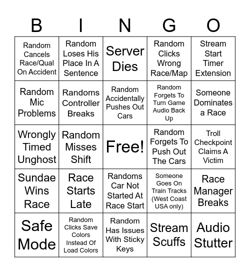 RandomMinds Racing Bingo Card