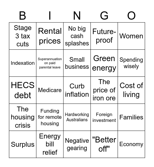 RFederal Budget 2024-25 Bingo Card