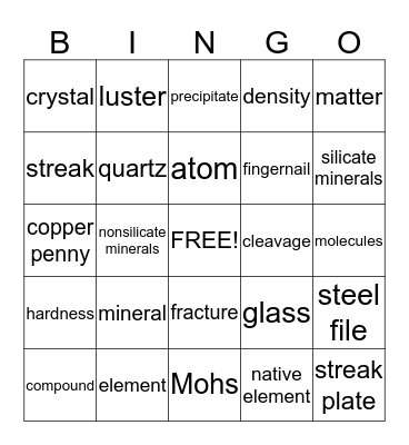 Minerals Bingo Card