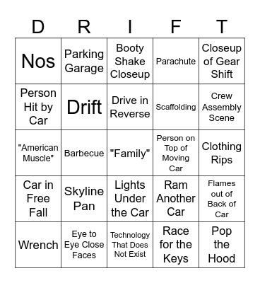 Fast and the Furious Bingo Card