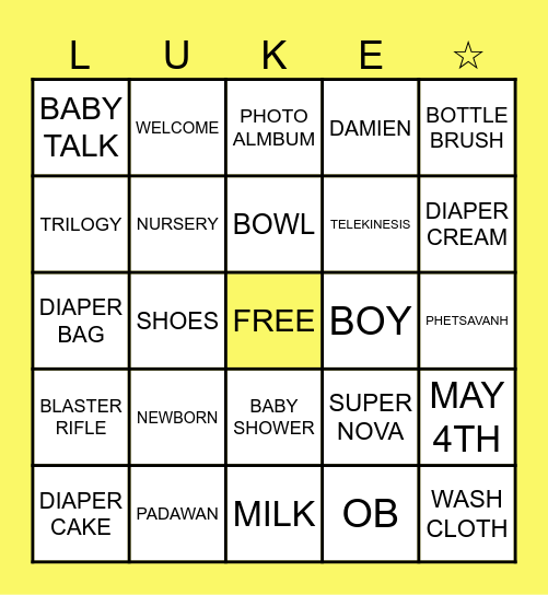 Luke's Baby Shower '24 Bingo Card