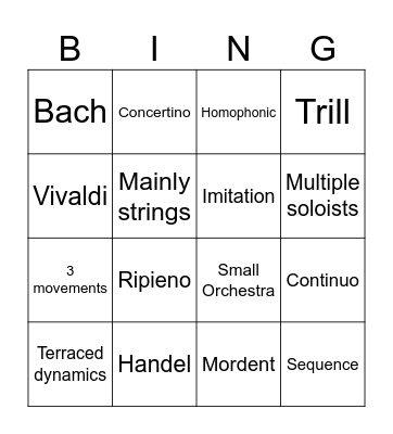 Baroque concerto grosso Bingo Card