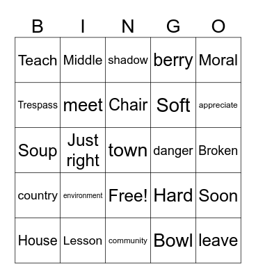 Goldilocks & Town Mouse Country Mouse Words Bingo Card