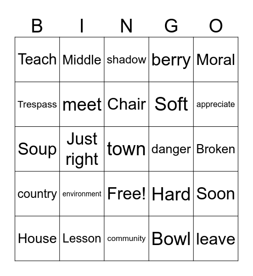 Goldilocks & Town Mouse Country Mouse Words Bingo Card