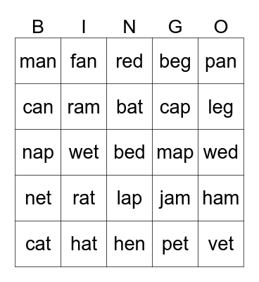 Short vowels A & E Bingo Card
