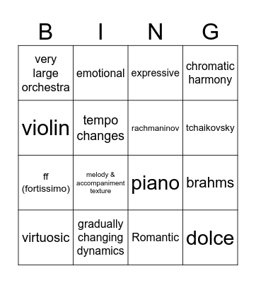 Romantic concerto Bingo Card