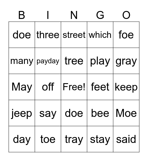 ee, oe, ay Bingo Card
