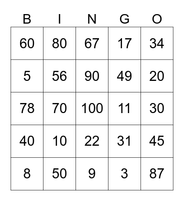 Number Bingo Card