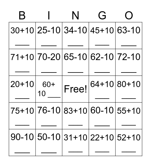 Adding/Subtracting 10s Bingo Card