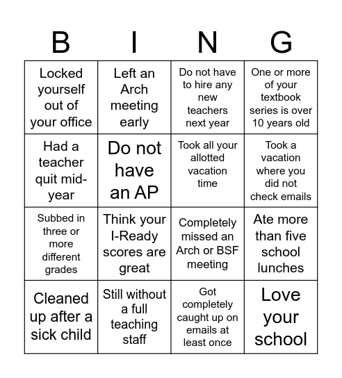 Principal Bingo Card