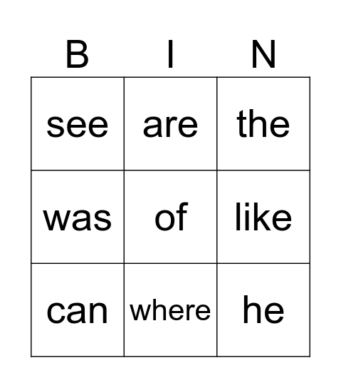 Sight Word BINGO! Bingo Card