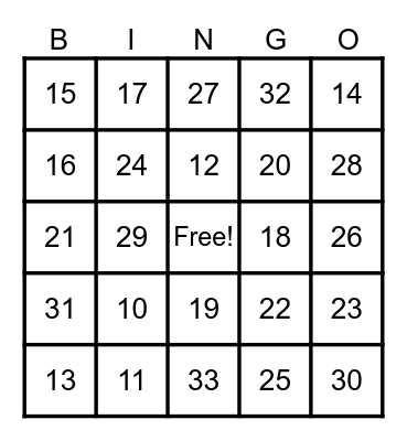 Number Bingo 10-33 Bingo Card