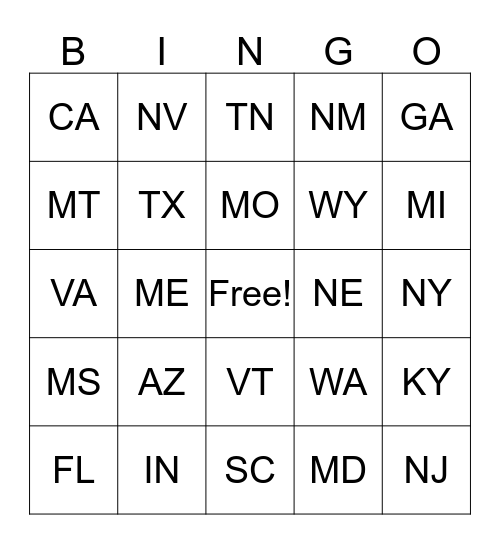 ZIP CODE BINGO Card