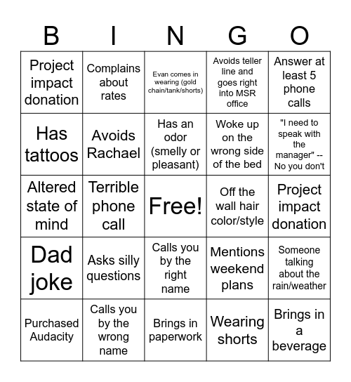 Friday Bingo Card