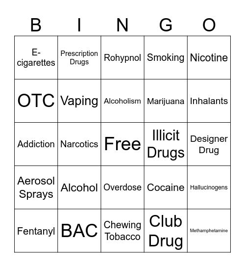 Alcohol, Tobacco, and Other Drugs Bingo Card