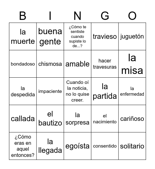 Recuerdos Vocabulario 6.2 Bingo Card