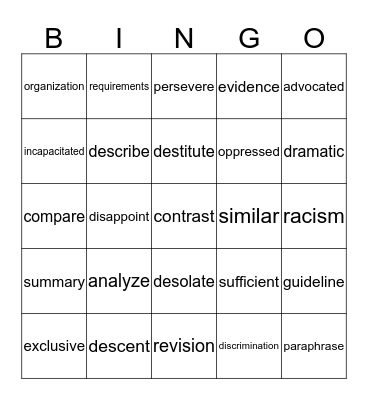 Vocabulary  Bingo Card